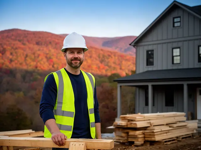 A builder in a hard hat and safety vest on a home construction site.