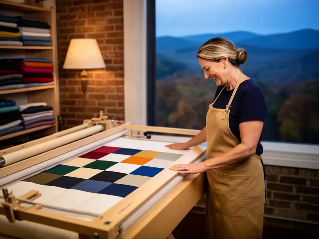 A woman with dark-blonde hair in a low bun beside new equipment in a small quilt shop.