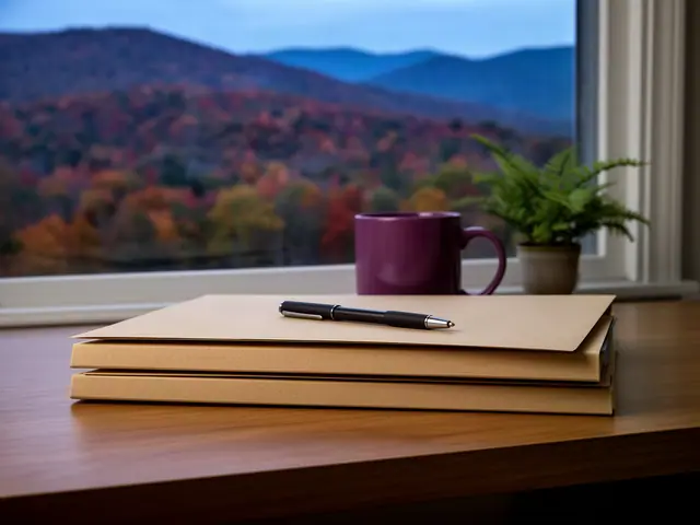 A neat stack of closed manila folders and a pen on a desk by a window.