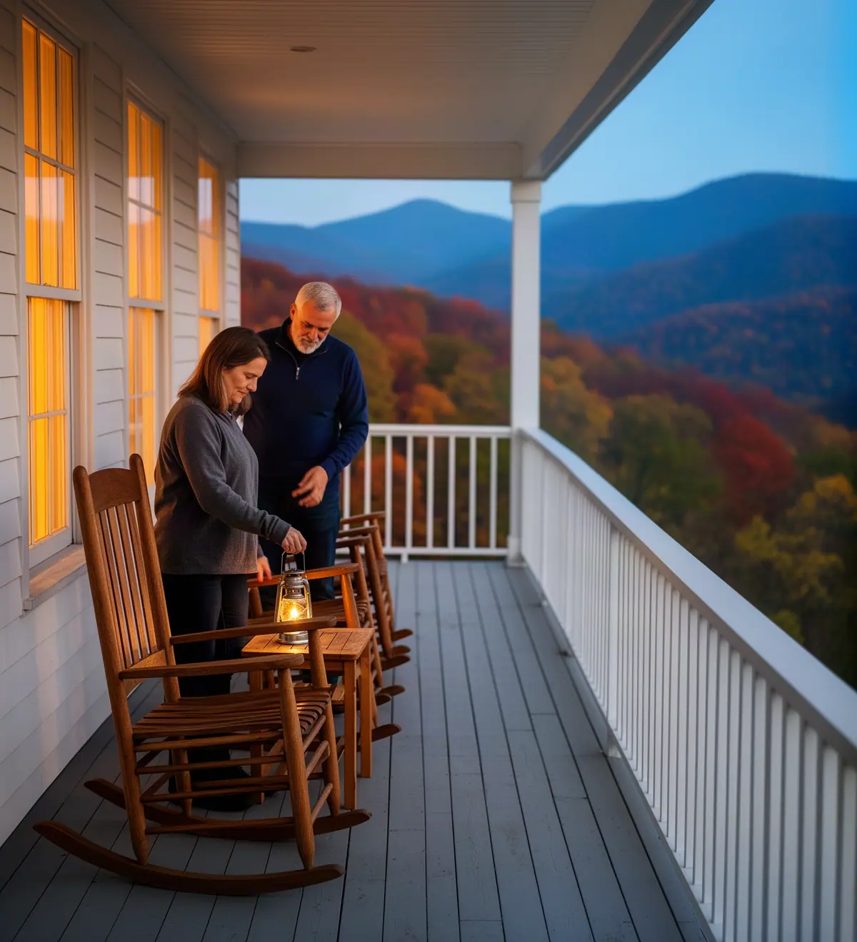 Two innkeepers setting rocking chairs and lanterns along the porch of a small mountain inn at dusk.