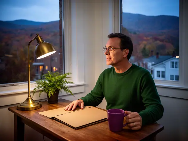A man with short dark hair and wire-rimmed glasses at a desk with a folder and a mug in a small back office.