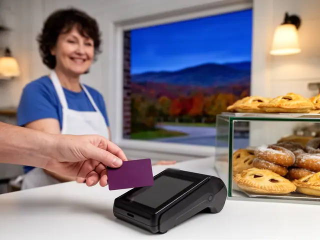 A customer taps a card on a counter terminal at a small apple-cider bakery.