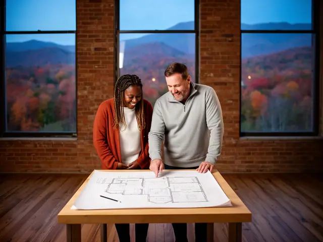 Two business partners looking over a pencil floor sketch in an empty storefront.