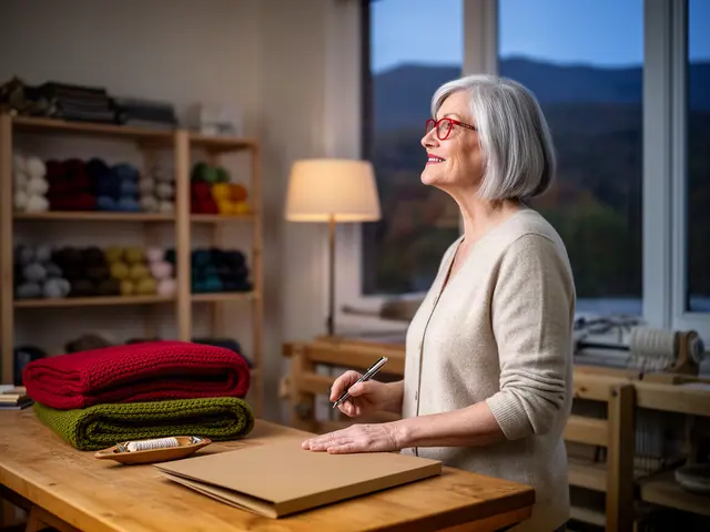 A woman with a short silver bob and red-framed glasses at a work table with a closed folder in a small hand-weaving studio.